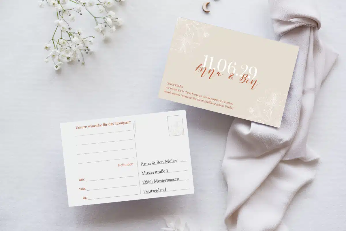 Hochzeitsspiel für Gäste: Ballonkarte in beige mit zarten Blumen von Hochzeitsplaza Kartenshop
